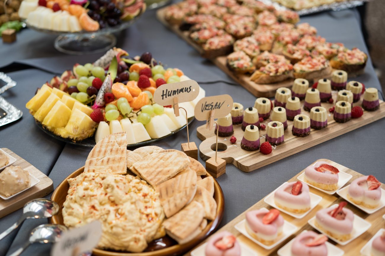 Raw dessert platter and mini-cakes at an event