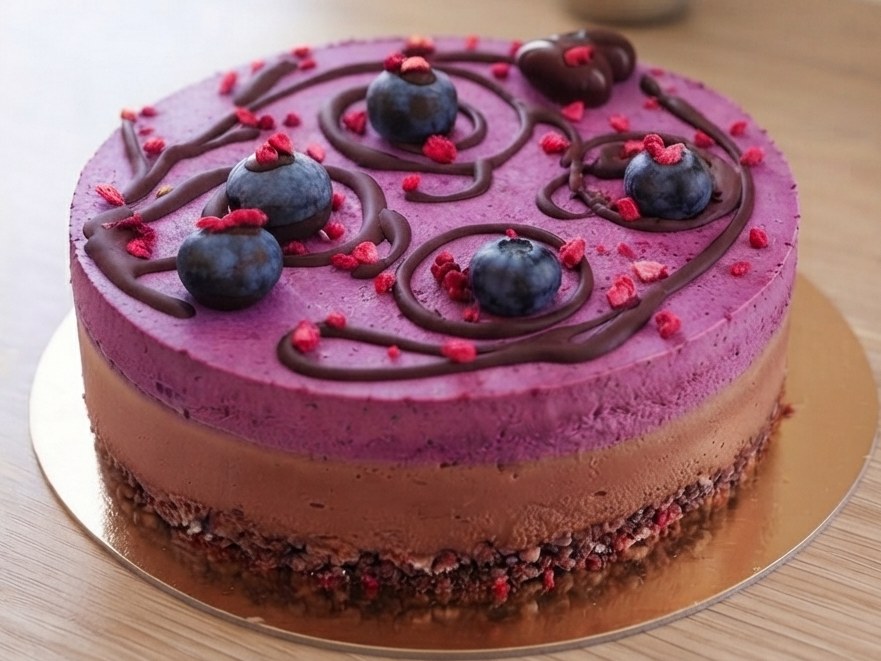 Raw blueberry chocolate cheesecake with blueberries and chocolate drizzle