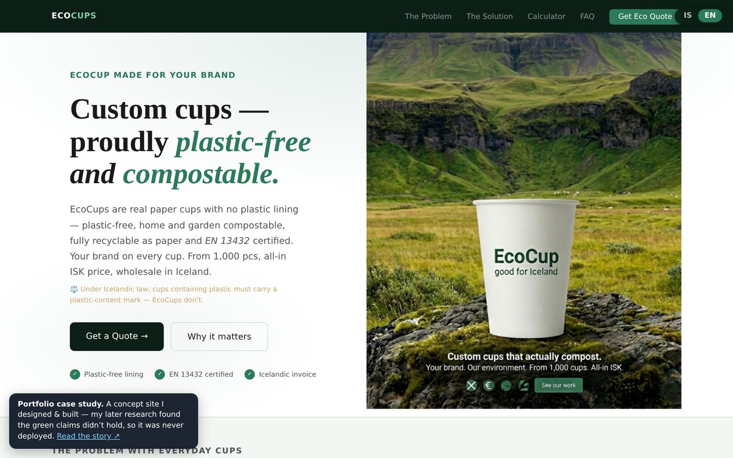 EcoCups live website — custom compostable paper cups