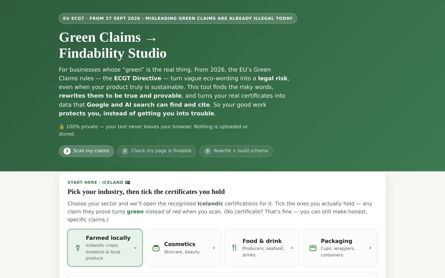 Green Claims Findability Studio live tool