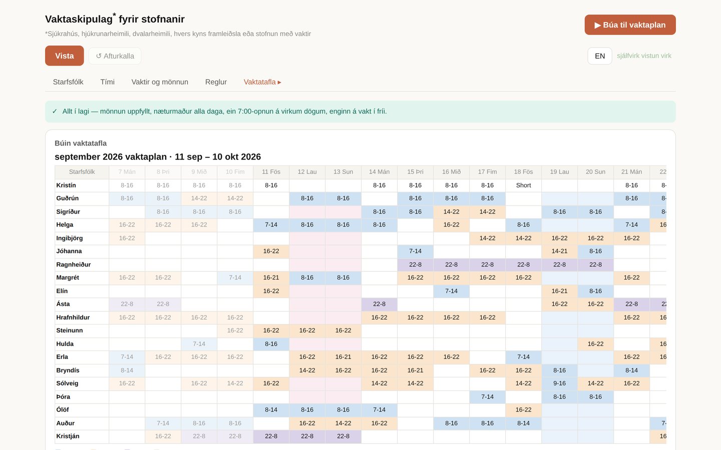 Vaktatafla staff scheduling tool — generated shift rota